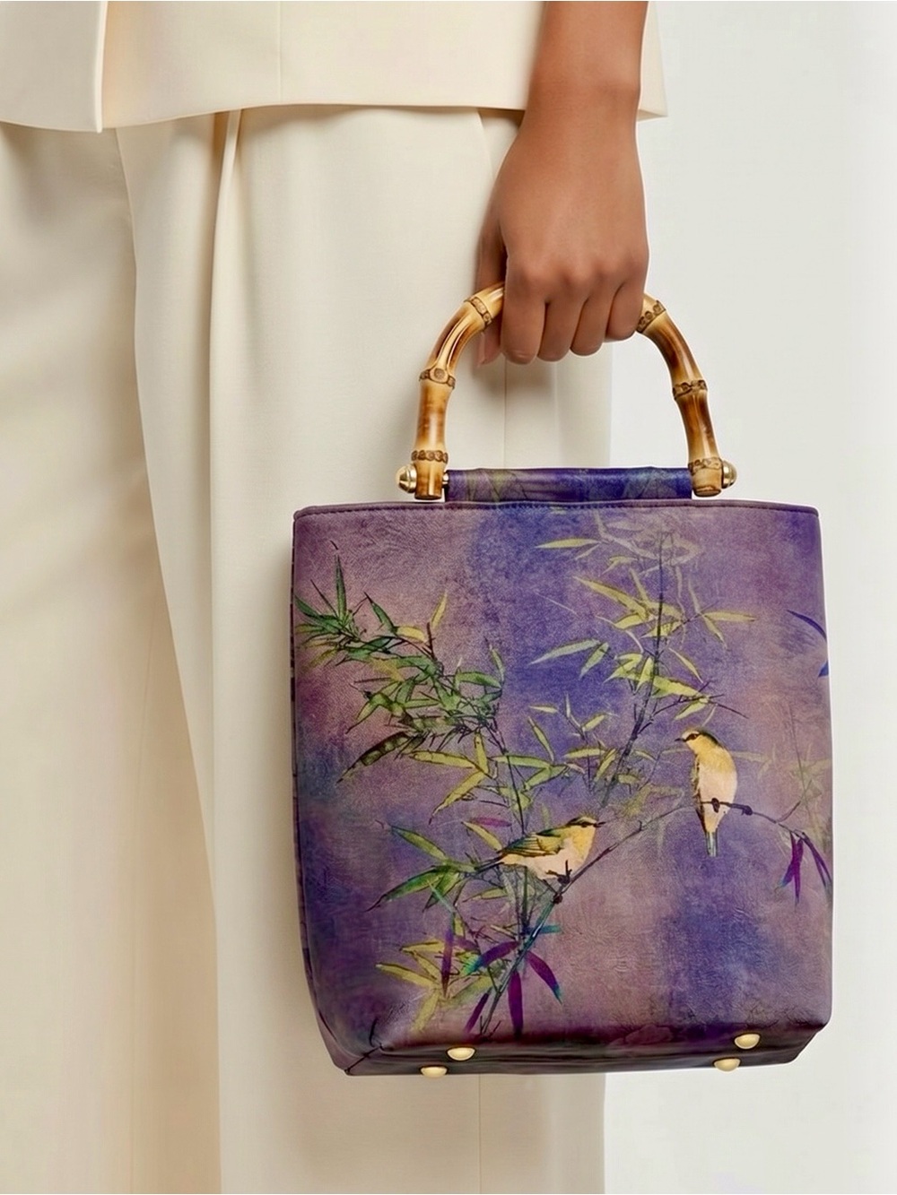 Artisan Purple Bird-Print Satchel with Bamboo Handle NWOT